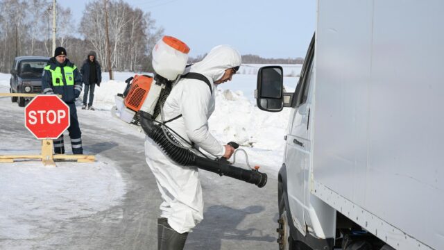 Сотрудник ветеринарной службы дезинфицирует автомобиль в Новосибирской области, где введен карантин по пастереллезу скота - РИА Новости, 1920, 25.03.2026