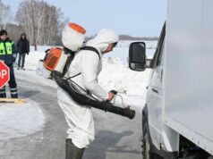 Сотрудник ветеринарной службы дезинфицирует автомобиль в Новосибирской области, где введен карантин по пастереллезу скота - РИА Новости, 1920, 19.03.2026