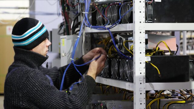 РИА Новости: в Приангарье нашли незаконную майнинговую ферму на заброшенной АЗС Сотрудник возле стеллажей с фермами для майнинга криптовалют - РИА Новости, 1920, 14.04.2026