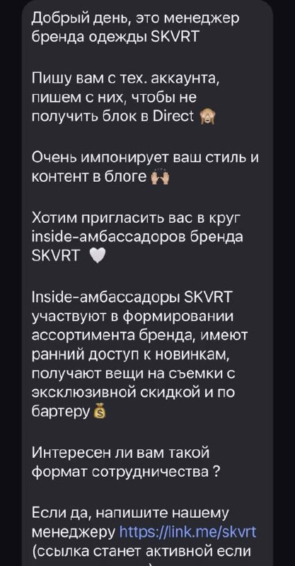 Мошенники обманывают российских блогеров, выдавая себя за бренд одежды SKVRT. Мошенники обманывают российских блогеров, выдавая себя за бренд одежды SKVRT.