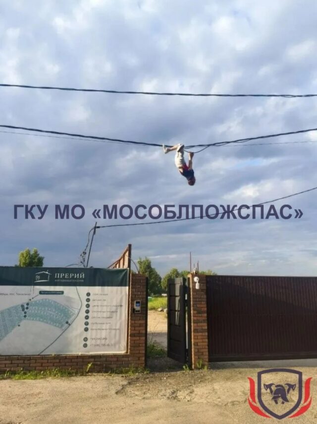Недо-Человек-паук решил повисеть на паутине проводах в Люберцах. Снимать его пришлось спасателям.