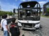 Последствия атаки дрона ВСУ на автобус в Енакиево Сгоревший рейсовый автобус Москва - Симферополь в результате атаки дрона ВСУ в Енакиево